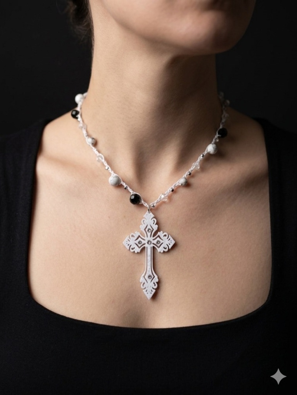 Howlite Beaded Crochet Necklace | 3D Printed Marble Cross Pendant Adjustable 18”